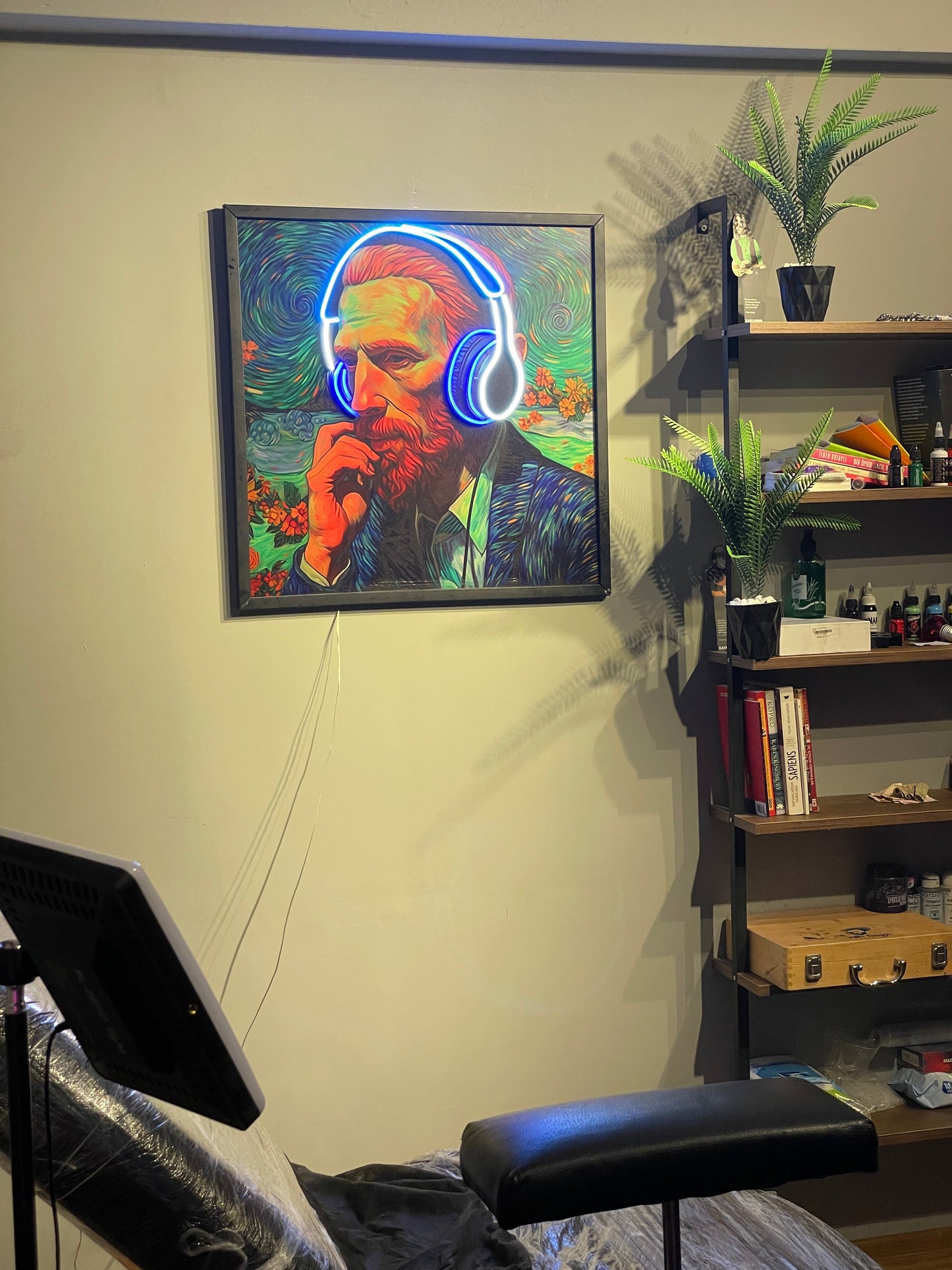 Vincent Van Gogh with Headphones Neon Canvas Art