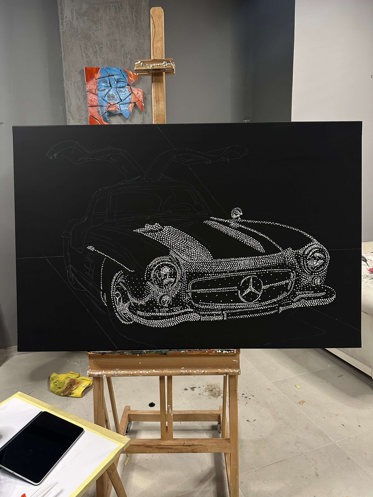 Vintage Mercedes Pointillism Acrylic Painting