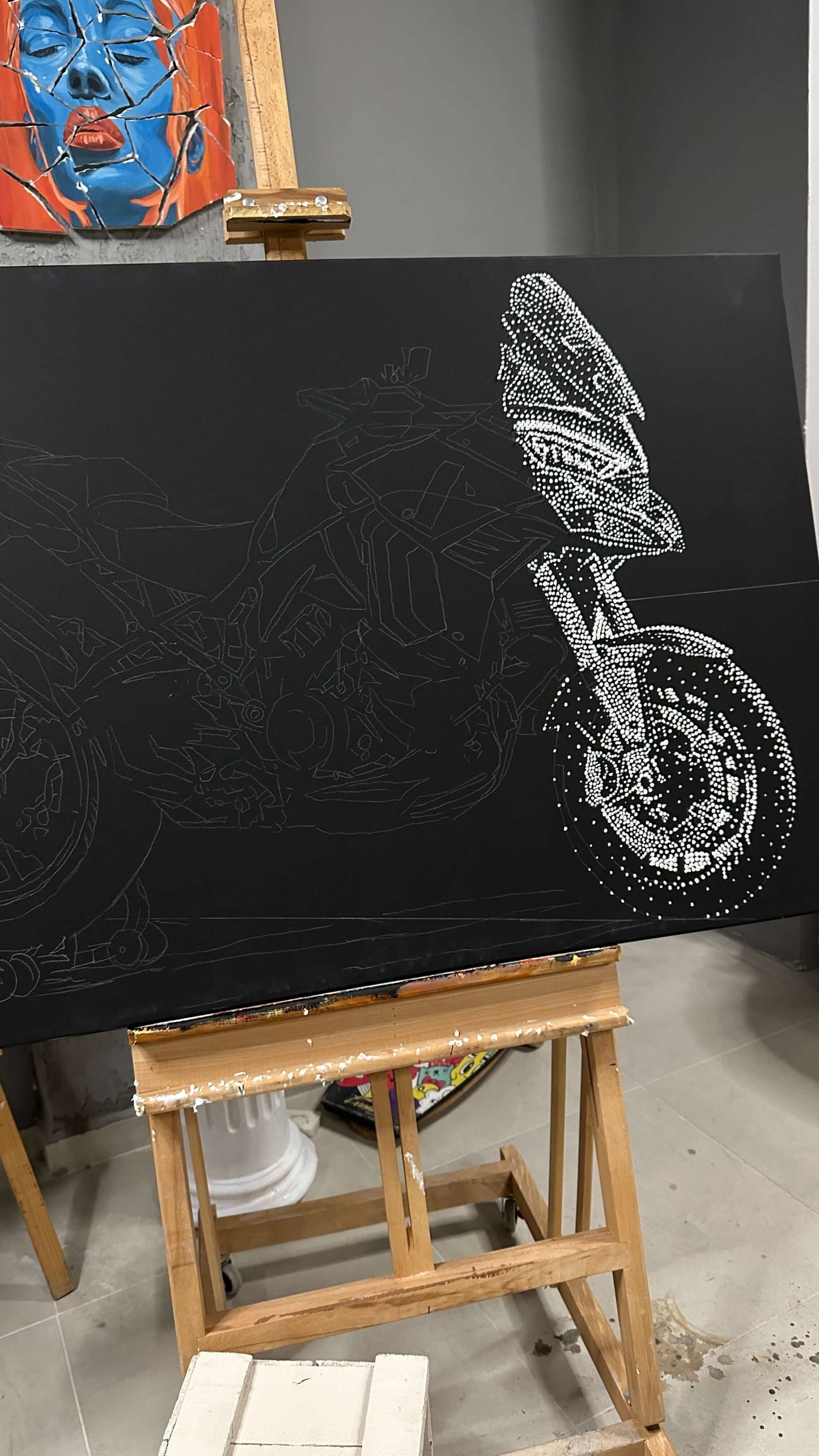 Motorcycle Artwork, Pointillism Painting, Moto Art Gallery, Acrylic Motorcycle Design, Canvas Art for Bikers, Urban Motorcycle Art, Pointillism on Canvas, Motorcycle Illustration, Hand-painted Moto Art, Decorative Bike Art