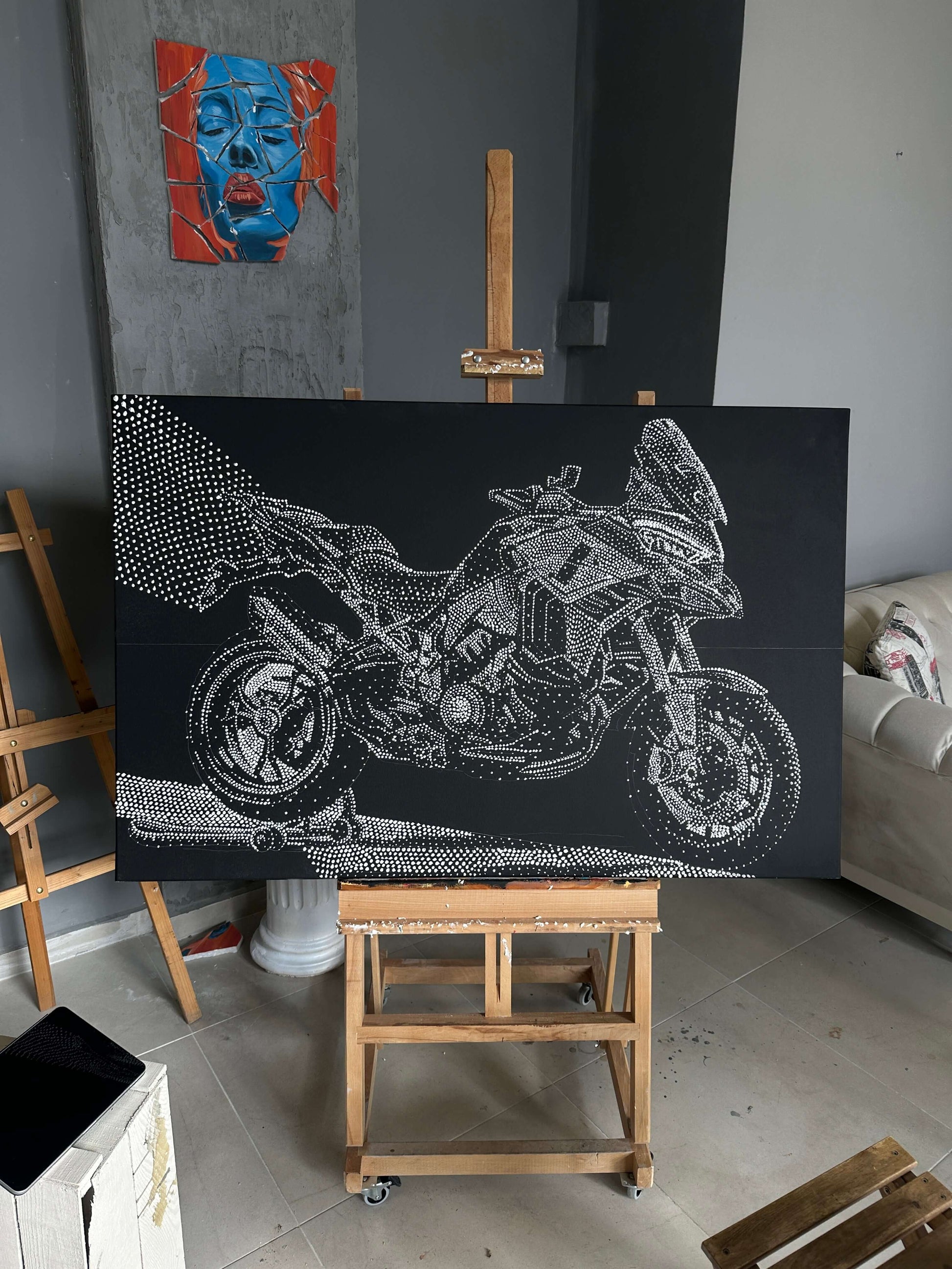 Motorcycle Artwork, Pointillism Painting, Moto Art Gallery, Acrylic Motorcycle Design, Canvas Art for Bikers, Urban Motorcycle Art, Pointillism on Canvas, Motorcycle Illustration, Hand-painted Moto Art, Decorative Bike Art