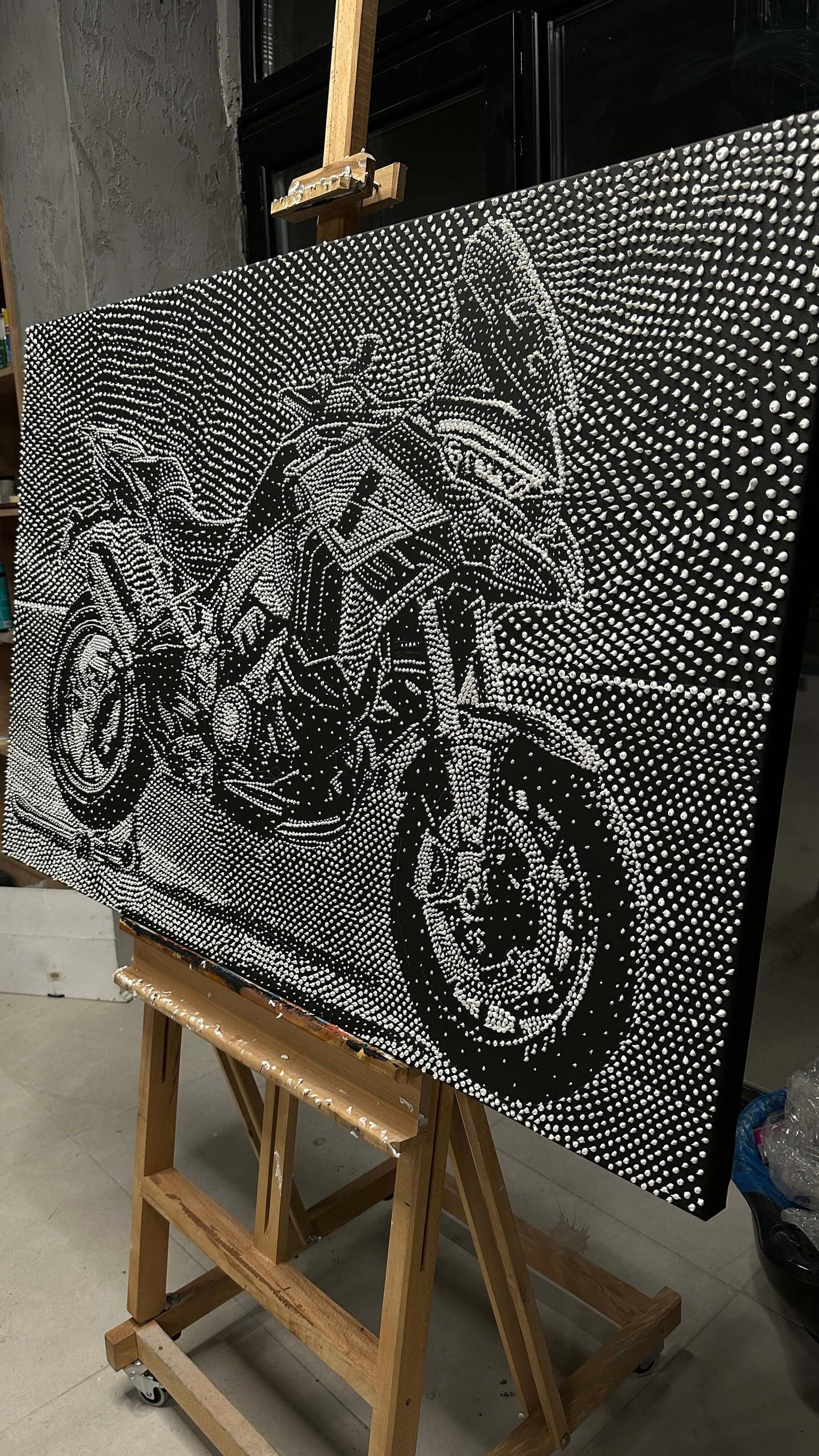 Motorcycle Canvas Print, Pointillism Techniques, Modern Art Collectibles, Custom Motorcycle Art, Bike Enthusiast Decor, Artistic Motorcycle Representation, Fine Art Motorcycle, Detailed Pointillism, Motorcycle Enthusiast Gift, Abstract Motorcycle Art