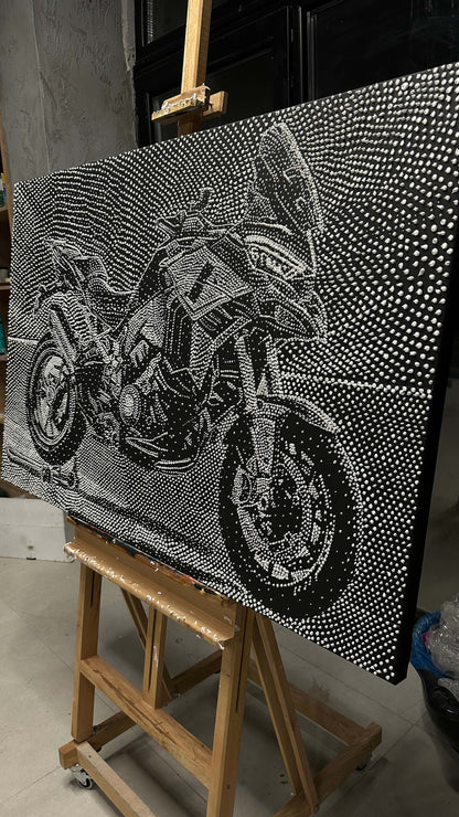 Motorcycle Canvas Print, Pointillism Techniques, Modern Art Collectibles, Custom Motorcycle Art, Bike Enthusiast Decor, Artistic Motorcycle Representation, Fine Art Motorcycle, Detailed Pointillism, Motorcycle Enthusiast Gift, Abstract Motorcycle Art